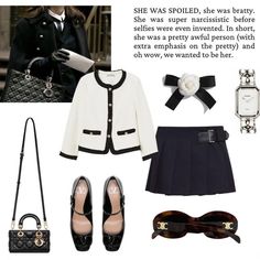 a woman in black and white outfit with accessories