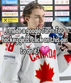 a man holding a hockey stick in his hand with the caption i made a google form for hockey girls click on this pin to do it