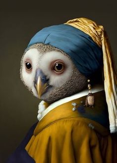 an owl with a pearl ear wearing a yellow dress and a blue headband is standing in front of a dark background