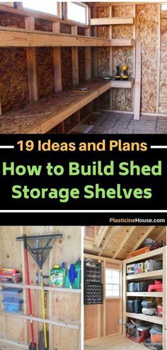 the inside of a shed with lots of storage shelves and tools on top of it