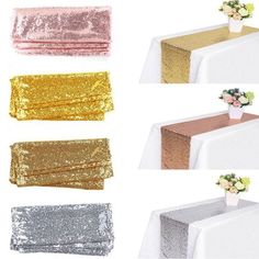 four different colors of sequinized table cloths with flowers in the center and on top