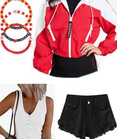 two pieces of clothing including a red jacket, white shirt and black shorts with beaded bracelets