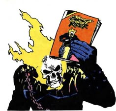 a drawing of a skeleton holding a book with flames coming out of its face and head