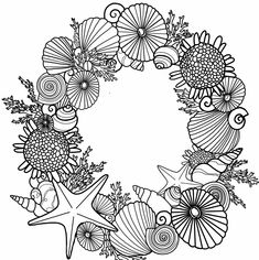 a black and white drawing of seashells and starfish in a circular frame