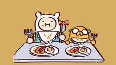 a cartoon character sitting at a table with plates of food in front of him and an animal on the plate