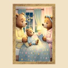 two teddy bears are sitting on a bed reading a book to a baby bear who is dressed in pajamas