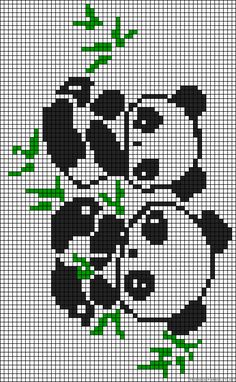 a cross stitch pattern with an image of a panda face and green leaves on it