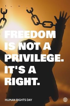 a person holding their hands up with the sun in the background and text that reads, freedom is not a privlegge it's a right human rights day