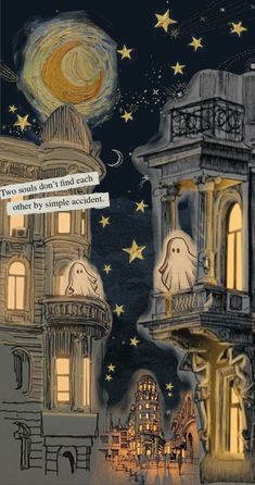 a drawing of two buildings with ghost faces on them and stars in the night sky