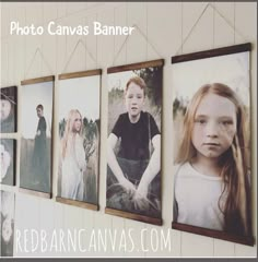 a wall with four pictures hanging on it's side and the words photo canvass banner above them