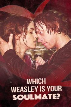 a man and woman kissing in front of a heart with the words which weasley is your soulmate?