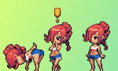 two pixel art women in swimsuits and one is holding a trophy