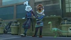 two animated characters standing next to each other in front of a building and an animal