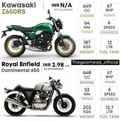 two different types of motorcycles are shown in this graphic above the words royal enfield, continental 650 and kawasaki z50rs