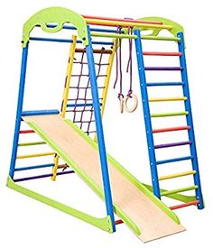 a children's swing set with a slide and ladder for climbing up to the top