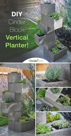 several pictures of different types of planters in concrete blocks with plants growing out of them