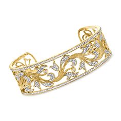 Ross-Simons - .50ct t. w. Diamond Floral Filigree Cuff Bracelet Over Sterling. 7". The best way to pull yourself out of a lull is by opting for luxe style! Our fanciful cuff bracelet features beautiful floral filigree designs sparkling with .50 ct. t. w. round diamonds and elegant milgrain detailing as they trail around the wrist. Crafted in 18kt yellow gold over sterling silver. Slip-on, diamond floral filigree cuff bracelet. Diamond birthstones are the perfect gift for April birthdays. Jewellery Portfolio, Diamond Cuff Bracelet, Floral Filigree, Wrist Accessories, Bracelet Diamond, Diamond Birthstone, Luxe Style, Gold Bracelet Cuff, Natural Gold