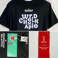 three different t - shirts with tags attached to them, one is black and the other is red