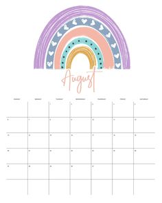 an august calendar with rainbows and hearts on the front, in pastel colors