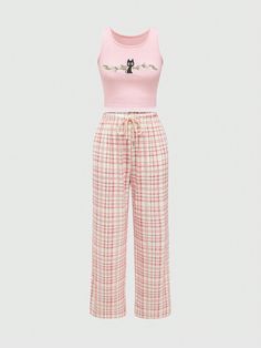 Pink Cute Collar   Plaid Pant Sets Embellished Medium Stretch Fall,Spring,Summer Women Sleep & Lounge Cute Pink Sleepwear With Long Pants, Pink Plaid Pjs, Pink Plaid Pyjamas, Pink Character Print Sleepwear For Loungewear, Cute Strawberry Print Sleepwear For Lounging, Plaid Pant, Sleepwear Women Pajamas, Pink Pajamas, Sleeveless Tops Summer