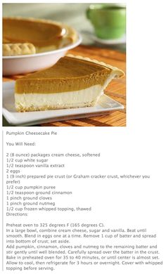 the recipe for pumpkin cheesecake pie is shown