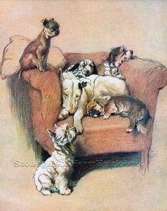 a drawing of dogs and cats on a couch with one cat looking at the other