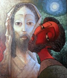 a painting of jesus with a red head and beard next to a man's face