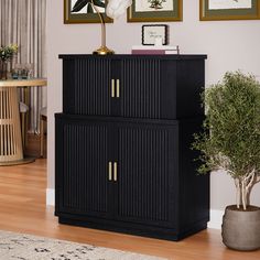 a black cabinet sitting in the corner of a room next to a potted plant