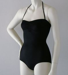 "Sweetheart neckline one piece swimsuit has shelf bra constructed of swimsuit lining; no foam cups, pads, or wires. Ties at neck; retro low-cut leg. Sleek cut conforms to your curves. Fabric is matte-finish 80% Nylon/20% Spandex. Available in S-M-L-XL. Tell me your height, weight, and bra size when you order, so we get the correct proportions. SIZING RUNS SMALL, so please read the size chart before ordering. USA SIZE CHART: SMALL: Height: 5'0\"-5'4\"; Weight: 100-115 lbs.; Bust: 30-32; Waist: 22 80s Swimsuit, Custom Bathing Suits, Retro One Piece Swimsuits, Retro One Piece, Pin Up Swimsuit, Retro Bathing Suits, Retro Swimwear, Vintage Bathing Suits, Victoria Secret Models