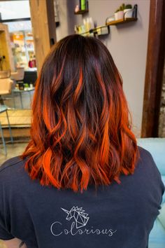 Orange Balayage Short Hair, Brown To Orange Balayage, Brunette Orange Hair, Bright Orange Highlights In Brown Hair, Short Halloween Hair, Black To Orange Ombre Hair, Orange Underneath Hair, Orange Hair Balayage, Orange Bayalage Hair