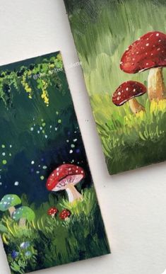 two paintings of mushrooms in the grass and one is painted with acrylic paint