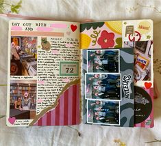 an open scrapbook with pictures and words on the pages that are decorated in different colors