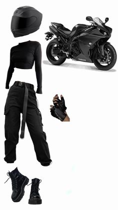 a woman in black outfit and helmet next to a motorcycle