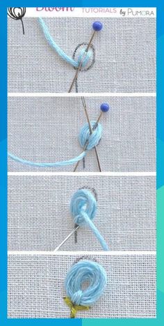 three pictures showing how to crochet the flower with two yarn needles and one hook