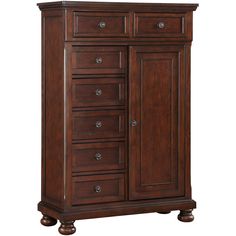 an armoire with drawers and doors on the bottom shelf, in dark brown wood