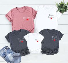 "Hi, Welcome to FashionxTee Matching T-shirt Family Heart, Mom and Baby Shirt, Dad and Me Shirt, Family Clothing, Family Time Matching Shirt, Custom Family Shirt Our soft and comfortable shirts are printed, pressed and shipped to you from our boutique. Enjoy your shopping!🛍️  ✔️Please make sure you check our size cards before you place your order. 📏 ✔️Please send me a message for all your questions and suggestions. It is my pleasure to assist you! **Group t-shirts are not sold as a set. They a Cute Crew Neck Top, Cute Crew Neck Top For Family Occasions, Family Matching Short Sleeve Tops With Letter Print, Family Matching Tops With Letter Print And Short Sleeves, Casual Tops With Heart Shape And Name Print, Casual Heart-shaped Top With Name Print, Mother's Day Heart-shaped T-shirt With Letter Print, Family Matching Short Sleeve Tops With Heart Graphic, Cute Short Sleeve Tops For Mother's Day