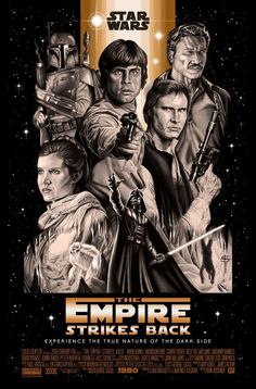 the empire strikes back movie poster with star wars characters in black and white, on a dark background