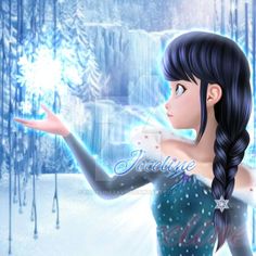 a girl with long black hair is holding out her hand in front of an icy background