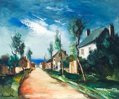 an oil painting of a street with houses and trees on the other side, in front of a blue sky