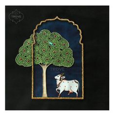 a cow standing under a tree in front of a blue background with the word trove on it