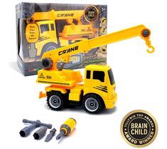 a yellow toy truck with tools in front of it