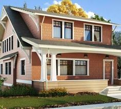 this is a computer rendering of a two story house with porches and windows on the second floor