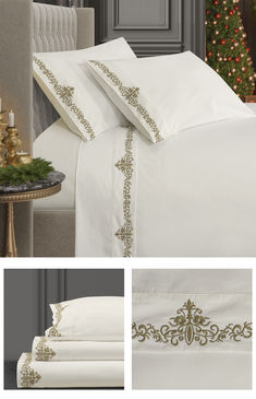 Celebrate the holidays by adding a spirited yet luxurious foundation to your bed with the Noelle Embroidered Sheet Set. Featuring an embroidered scroll design, detailed with a gold stitch outline for a stunning shimmering effect and added depth. Stitch Outline, Queens New York, Cotton Sheet Sets, Scroll Design, Bedding Collections, Holiday Collection, Flat Sheets, Fitted Sheet, Sheet Sets