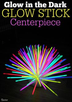 glow in the dark stick centerpiece with text overlay that reads, glow in the dark