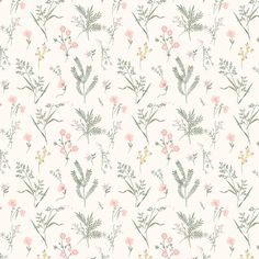 a white wallpaper with pink flowers and green leaves on the bottom half of it