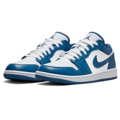 After the popular release of the Air Jordan 1 High Dark Marina Blue, we now see the cool colorway again but this time on the Jordan 1 Low. Enter the Air Jordan 1 Low Wmns 'Marina Blue'. Coming in women's sizing this low-top Air Jordan 1 features a white leather base with Marina Blue overlays, Swooshes, lining, tongue branding, insoles, and rubber outsole. White continues on the nylon tongues, laces and midsole to complete the design. Now available at Helmiss!  Size & Fit              Men’s Nike shoes tend to have an equal width between the forefoot and heel. Women’s Nike shoes most often have a narrower heel than forefoot. Some women with a wider foot will often select men’s shoes for comfort, because women’s shoes are often more narrow than men’s shoes. According to Nike, other fit differ Jordan 1 Low Marina Blue, Carnaby Street London, Streetwear Store, Jordan Shop, All Jordans, Low Air Jordan 1, Carnaby Street, Jordan 10, Jordan 8