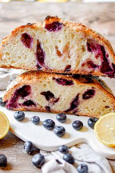 two slices of lemon blueberry bread on a plate