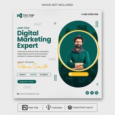 a green and white flyer for a digital marketing event with an image of a man