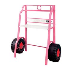 a pink and black cart with two large wheels on the front, and one smaller wheel on the back