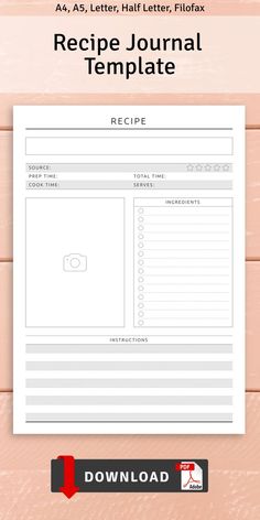 the recipe journal template is displayed on a wooden background